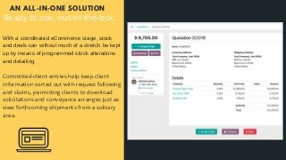 With a coordinated eCommerce stage, stock
and deals can without much of a stretch be kept
up by means of programmed stock alterations
and detailing.
Committed client entries help keep client
information sorted out with request following
and claims, permitting clients to download
solicitations and conveyance arranges just as
view forthcoming shipments from a solitary
area.
AN ALL-IN-ONE SOLUTION
Ready to use, out-of-the-box.
 