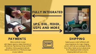 Allow customers to pay
with Paypal, Ingenico, Adyen, Buckaroo, A
uthorize.net, PayUmoney, Stripe and SIPS
Wordline. Online payment methods
redirect customers to a 'Thank you' page
on your website.
Speed up your order fulfillment with
easy integrations for major shipping
carriers and track your packages directly
from Odoo. Select across multiple rates
from shipping providers and print
shipping labels with just a click.
FULLY INTEGRATED
PAYMENTS SHIPPING
UPS, DHL, FEDEX,
USPS AND MORE
 