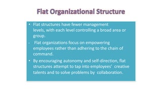 • Flat structures have fewer management
levels, with each level controlling a broad area or
group.
• Flat organizations focus on empowering
employees rather than adhering to the chain of
command.
• By encouraging autonomy and self-direction, flat
structures attempt to tap into employees’ creative
talents and to solve problems by collaboration.
 