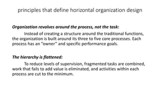 principles that define horizontal organization design
Organization revolves around the process, not the task:
Instead of creating a structure around the traditional functions,
the organization is built around its three to five core processes. Each
process has an “owner” and specific performance goals.
The hierarchy is flattened:
To reduce levels of supervision, fragmented tasks are combined,
work that fails to add value is eliminated, and activities within each
process are cut to the minimum.
 