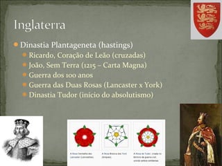 Dinastia Plantageneta (hastings)
Ricardo, Coração de Leão (cruzadas)
João, Sem Terra (1215 – Carta Magna)
Guerra dos 100 anos
Guerra das Duas Rosas (Lancaster x York)
Dinastia Tudor (início do absolutismo)
 