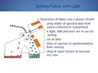 Sorting Flakes with Light
1. Separation of flakes into a planar stream
2. Capturing visible of spectral data from
light source reflected or transmitted
3. Visible light, NIR and laser are in use for
flake sorting
4. Analysis of data
5. Operation of ejectors in synchronisation
with flake velocity
6. Recycling of reject stream to increase
recovery rate.
 