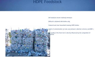 HDPE Feedstock
UK feedstock stream relatively immature
Difficult to obtained milk bottles only.
Coloured and clear household cleaning HDPE bottles
Levels of contamination can also vary between collection schemes and MRF’s
The quality of the final resin is directly influenced by the composition of
feedstock
 