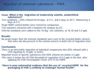 Migration of unknown substances - PIRA
Issue :What is the migration of moderately volatile, unidentified
substances?
Test conditions – 50% ethanol for10 days at 5°C, and 2 days at 20°C, followed by 5
days at 5°C
Virgin HDPE control bottles were tested for comparison.
Test solutions extracted with n-heptane for analysis by GC.
Internal standards were added to the 10 day test solutions, at 16,10 and 3.2 ppb.
Results
No peaks larger than the internal standards were seen in the recycled bottle extracts
that were not also present in the control extracts in both sets of migration tests.
Conclusions
There is no detectable migration of individual components into 50% ethanol with a
LOD equating to 10 ppb, or better.
Migration levels of specific substances into 50% ethanol are below 3.2 ppb
This value is below the US FDA threshold of regulation of 0.5 ppb in the diet, after
applying the FDA Consumption Factor of 0.13 for HDPE.
“there is now substantial evidence that the use of recycled HDPE for the
packaging of milk is unlikely to endanger human health”.
 