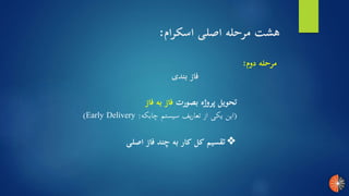 ‫دوم‬ ‫مرحله‬:
‫بندی‬ ‫فاز‬
❖‫اصلی‬ ‫فاز‬ ‫چند‬ ‫به‬ ‫کار‬ ‫کل‬ ‫تقسیم‬
‫بصورت‬ ‫پروژه‬ ‫تحویل‬‫فاز‬ ‫به‬ ‫فاز‬
(‫چابکه‬ ‫سیستم‬ ‫تعاریف‬ ‫از‬ ‫یکی‬ ‫این‬:Early Delivery)
‫اسکرام‬ ‫اصلی‬ ‫مرحله‬ ‫هشت‬:
 