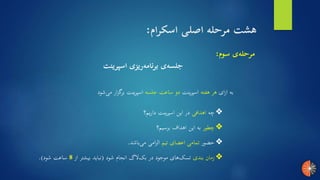 ‫سوم‬ ‫ی‬‫مرحله‬:
‫اسپرینت‬ ‫ریزی‬‫برنامه‬ ‫ی‬‫جلسه‬
❖‫چه‬‫اهدافی‬‫داریم؟‬ ‫اسپرینت‬ ‫این‬ ‫در‬
❖‫چطور‬‫برسیم؟‬ ‫اهداف‬ ‫این‬ ‫به‬
❖‫حضور‬‫تیم‬ ‫اعضای‬ ‫تمامی‬‫باشد‬‫می‬ ‫امی‬‫ز‬‫ال‬.
❖‫بندی‬ ‫زمان‬‫شود‬ ‫انجام‬ ‫لاگ‬‫بک‬ ‫در‬ ‫موجود‬ ‫های‬‫تسک‬(‫از‬ ‫بیشتر‬ ‫نباید‬8‫شود‬ ‫ساعت‬.)
‫ای‬‫ز‬‫ا‬ ‫به‬‫هفته‬ ‫هر‬‫اسپرینت‬‫جلسه‬ ‫ساعت‬ ‫دو‬‫می‬ ‫ار‬‫ز‬‫برگ‬ ‫اسپرینت‬‫شود‬
‫اسکرام‬ ‫اصلی‬ ‫مرحله‬ ‫هشت‬:
 