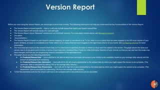 Version Report
Before you start using the Version Report, you should get to know how it works. The following information will help you understand the key functionalities of the Version Report:
● The Version Report is board-specific –that is, it will only include issues that match your board's saved filter.
● The Version Report will exclude issues of a 'sub-task type '.
● The Version Report shows 'Released' versions but not 'Archived' versions. For more about version status, see Managing versions(
● Jira admin
● documentation.)
● The Version Report is based on your board's column mapping. An issue is considered to be 'To Do' when it is in a status that has been mapped to the left-most column of your
board. Similarly, an issue is considered to be 'Done' when it is in a status that has been mapped to the right-most column of your board. See Configuring columns for more
information.
● The horizontal axis starts on the version's Start Date; or if no Start Date is specified, the date on which an issue was first added to the version. The graph shows the state your
version was in at any given point in time, in terms of your total and completed Story Points (or other Estimation Statistic of your choice), so that you can see how the scope may
have changed, and how you are progressing towards completion of the estimated work.
● The graph shows you the following predictions:
● the Predicted Release Date )enil eulb(– that is, the date at which you can expect all issues in your version to be complete, based on your average daily velocity and the
amount of estimated work remaining.
● the Predicted Release Date (Optimistic) )enil eulb eht fo tfel eht ot aera dedahs(– that is, the earliest date by which you might expect the version to be complete. (The
'optimistic' date is calculated by adding 10% to the average daily velocity.)
● the Predicted Release Date (Pessimistic) )enil eulb eht fo thgir eht ot aera dedahs(– that is, the latest date by which you might expect the version to be complete. (The
'pessimistic' date is calculated by subtracting 10% from the average daily velocity.)
● 10% of the estimated work for the version will need to be complete before the predictions can be calculated.
 