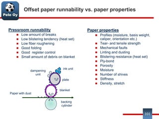 Pele Oy
101
Offset paper runnability vs. paper properties
Pressroom runnability
 Low amount of breaks
 Low blistering tendency (heat set)
 Low fiber roughening
 Good folding
 Good register control
 Small amount of debris on blanket
Paper properties
 Profiles (moisture, basis weight,
caliper, orientation etc.)
 Tear- and tensile strength
 Mechanical faults
 Linting and dusting
 Blistering resistance (heat set)
 Ply-bond
 Porosity
 Moisture
 Number of shives
 Stiffness
 Density, stretch
dampening
unit
ink unit
plate
blanket
backing
cylinder
Paper with dust
 