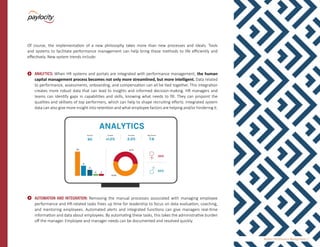 Modern Performance Management | 7
Of course, the implementation of a new philosophy takes more than new processes and ideals. Tools
and systems to facilitate performance management can help bring these methods to life efficiently and
effectively. New system trends include:
•	 ANALYTICS: When HR systems and portals are integrated with performance management, the human
capital management process becomes not only more streamlined, but more intelligent. Data related
to performance, assessments, onboarding, and compensation can all be tied together. This integration
creates more robust data that can lead to insights and informed decision-making. HR managers and
teams can identify gaps in capabilities and skills, knowing what needs to fill. They can pinpoint the
qualities and skillsets of top performers, which can help to shape recruiting efforts. Integrated system
data can also give more insight into retention and what employee factors are helping and/or hindering it.
•	 AUTOMATION AND INTEGRATION: Removing the manual processes associated with managing employee
performance and HR-related tasks frees up time for leadership to focus on data evaluation, coaching,
and mentoring employees. Automated alerts and integrated functions can give managers real-time
information and data about employees. By automating these tasks, this takes the administrative burden
off the manager. Employee and manager needs can be documented and resolved quickly.
 
