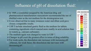 Influence of pH of dissolution fluid:
In 1949, a committee assigned by the American drug and
pharmaceutical manufacturers associations recommended the use of
distilled water as the test medium for the disintegration test.
It was observed that in many instances water and dilute acid gave
closely comparable results.
USP 5 include simulated gastric fluid as the medium for tablets
containing ingredients which reacted more readily in acid solution than
in water(e.g., calcium carbonate).
The medium again was changed to water in USP 7.
Changes in pH exert the greatest effect in terms of drug solubility.
For week acids, the dissolution rate increases with increasing pH
,whereas, for week bases, the dissolution rate increases with
decreasing pH.
 