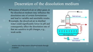 Deaeration of the dissolution medium
Presence of dissolved air or other gases in
the dissolution medium may influence the
dissolution rate of certain formulations
and lead to variable and unreliable results.
example, the dissolved air in distilled
water could significantly lower its pH and
consequently affect the dissolution rate of
that are sensitive to pH changes, e.g.,
week acids.
aeration also helps remove dissolved metals through
oxidation
 