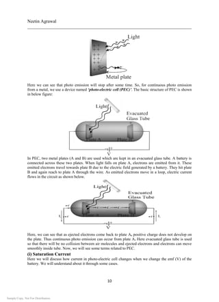 Neetin Agrawal
________________________________________________________________________
10
Here we can see that photo emission will stop after some time. So, for continuous photo emission
from a metal, we use a device named ‘photo-electric cell (PEC)’. The basic structure of PEC is shown
in below figure:
In PEC, two metal plates (A and B) are used which are kept in an evacuated glass tube. A battery is
connected across these two plates. When light falls on plate A, electrons are emitted from it. These
emitted electrons travel towards plate B due to the electric field generated by a battery. They hit plate
B and again reach to plate A through the wire. As emitted electrons move in a loop, electric current
flows in the circuit as shown below.
Here, we can see that as ejected electrons come back to plate A, positive charge does not develop on
the plate. Thus continuous photo emission can occur from plate A. Here evacuated glass tube is used
so that there will be no collision between air molecules and ejected electrons and electrons can move
smoothly inside tube. Now, we will see some terms related to PEC.
(i) Saturation Current
Here we will discuss how current in photo-electric cell changes when we change the emf (V) of the
battery. We will understand about it through some cases.
Sample Copy. Not For Distribution.
 