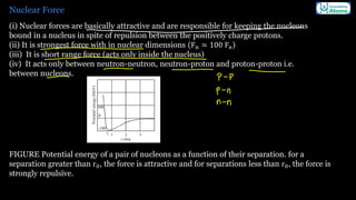 Nuclear Force
(i) Nuclear forces are basically attractive and are responsible for keeping the nucleons
bound in a nucleus in spite of repulsion between the positively charge protons.
(ii) It is strongest force with in nuclear dimensions Fn ≃ 100 Fe
(iii) It is short range force (acts only inside the nucleus)
(iv) It acts only between neutron-neutron, neutron-proton and proton-proton i.e.
between nucleons.
FIGURE Potential energy of a pair of nucleons as a function of their separation. for a
separation greater than r0, the force is attractive and for separations less than r0, the force is
strongly repulsive.
 