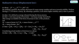 Radioactive decay (Displacement law) :
α -decay : 𝑧X∧
→ 𝑧−2 Y∧−4
+ 2 He4
+ Q
By emitting a particle, the nucleus decreases it's mass energy number and move towards stability. Nucleus
having A > 210 shows 𝛼 decay. By releasing 𝛼 particle, it can attain higher stability and 𝑄 value is positive.
Q value : It is defined as energy released during the decay process.
Q value = rest mass energy of reactants − rest mass energy of products.
This energy is available in the form of increase in K.E. of the products.
Let,
𝑀𝑥 = mass of atom 𝑋2𝑋𝐴
𝑀𝑦 = mass of atom 𝑧−2𝑌𝐴−4
𝑀tr = mass of atom 2He4
.
𝑄 value = ቂ 𝑀𝑠 − 𝑍𝑚𝑒 − 𝑀𝑦 − (𝑍 − 2)𝑚𝑒 + 𝑀𝑡𝑒 − 2𝑚𝑒 𝑐2
= 𝑀𝑥 − 𝑀𝑦 − 𝑀𝑡+ 𝑐2
Considering actual number of electrons in 𝛼-decay
Q value = 𝑀x − 𝑀y + 2 me − Mte − 2 m c2
= 𝑀x − 𝑀𝑦 − 𝑀𝐻𝜖 𝑐2
 