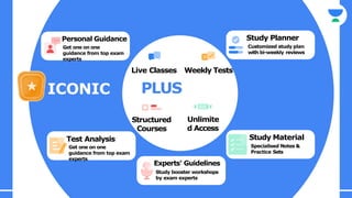 Unlimite
d Access
Structured
Courses
Personal Guidance
Get one on one
guidance from top exam
experts
Test Analysis
Get one on one
guidance from top exam
experts
Study Material
Specialised Notes &
Practice Sets
Study Planner
Customized study plan
with bi-weekly reviews
Experts' Guidelines
Study booster workshops
by exam experts
ICONIC
Live Classes Weekly Tests
PLUS
 