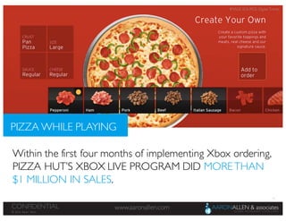12
www.aaronallen.comCONFIDENTIAL
© 2016 Aaron Allen
Within the first four months of implementing Xbox ordering,
PIZZA HUT’S XBOX LIVE PROGRAM DID MORETHAN
$1 MILLION IN SALES.
PIZZA WHILE PLAYING
IMAGE SOURCE: Digital Trends
 