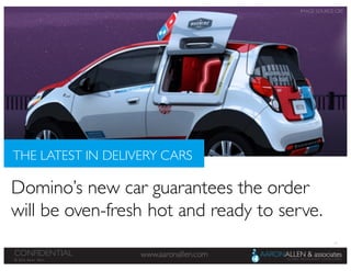 15
www.aaronallen.comCONFIDENTIAL
© 2016 Aaron Allen
Domino’s new car guarantees the order
will be oven-fresh hot and ready to serve.
THE LATEST IN DELIVERY CARS
IMAGE SOURCE: CBS
 