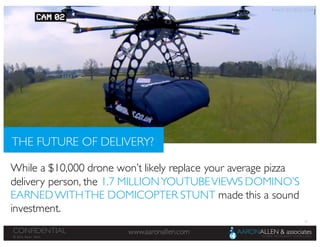 16
www.aaronallen.comCONFIDENTIAL
© 2016 Aaron Allen
While a $10,000 drone won’t likely replace your average pizza
delivery person, the 1.7 MILLIONYOUTUBEVIEWS DOMINO’S
EARNEDWITHTHE DOMICOPTER STUNT made this a sound
investment.
THE FUTURE OF DELIVERY?
IMAGE SOURCE: CNN
 