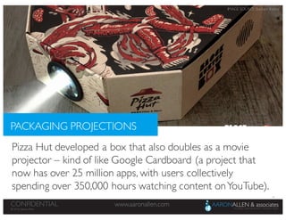 30
www.aaronallen.comCONFIDENTIAL
© 2016 Aaron Allen
© 2016, Aaron Allen
www.aaronallen.comCONFIDENTIAL
Pizza Hut developed a box that also doubles as a movie
projector – kind of like Google Cardboard (a project that
now has over 25 million apps, with users collectively
spending over 350,000 hours watching content onYouTube).
PACKAGING PROJECTIONS
IMAGE SOURCE: Business Insider
 