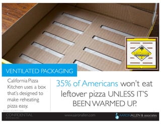31
www.aaronallen.comCONFIDENTIAL
© 2016 Aaron Allen
© 2016, Aaron Allen
www.aaronallen.comCONFIDENTIAL
CaliforniaPizza
Kitchen uses a box
that’s designed to
make reheating
pizza easy.
35% of Americans won’t eat
leftover pizza UNLESS IT’S
BEEN WARMED UP.
VENTILATED PACKAGING
IMAGE SOURCE: Slate
 