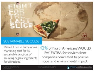 39
www.aaronallen.comCONFIDENTIAL
© 2016 Aaron Allen
© 2016, Aaron Allen
www.aaronallen.comCONFIDENTIAL
Pizza & Love in Barcelona is
marketing itself for its
sustainable practices of
sourcing organic ingredients
for all recipes.
42% of North AmericansWOULD
PAY EXTRA for services from
companies committed to positive
social and environmental impact.
SUSTAINABLE SUCCESS
IMAGE SOURCE: Ads of the World
 