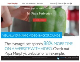 59
www.aaronallen.comCONFIDENTIAL
© 2016 Aaron Allen
© 2016, Aaron Allen
www.aaronallen.comCONFIDENTIAL
VISUALLY DYNAMIC VIDEO BACKGROUNDS
The average user spends 88% MORETIME
ON A WEBSITE WITHVIDEO. Check out
Papa Murphy’s website for an example.
IMAGE SOURCE: Papa Murphy’s
 
