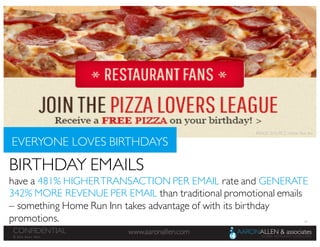 60
www.aaronallen.comCONFIDENTIAL
© 2016 Aaron Allen
EVERYONE LOVES BIRTHDAYS
BIRTHDAY EMAILS
have a 481% HIGHERTRANSACTION PER EMAIL rate and GENERATE
342% MORE REVENUE PER EMAIL than traditional promotional emails
– something Home Run Inn takes advantage of with its birthday
promotions.
IMAGE SOURCE: Home Run Inn
 