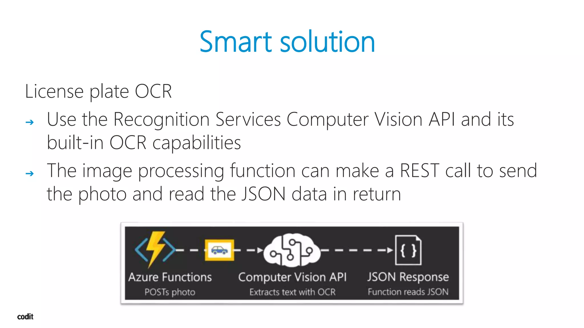 License plate OCR
➔ Use the Recognition Services Computer Vision API and its
built-in OCR capabilities
➔ The image processing function can make a REST call to send
the photo and read the JSON data in return
Smart solution
 
