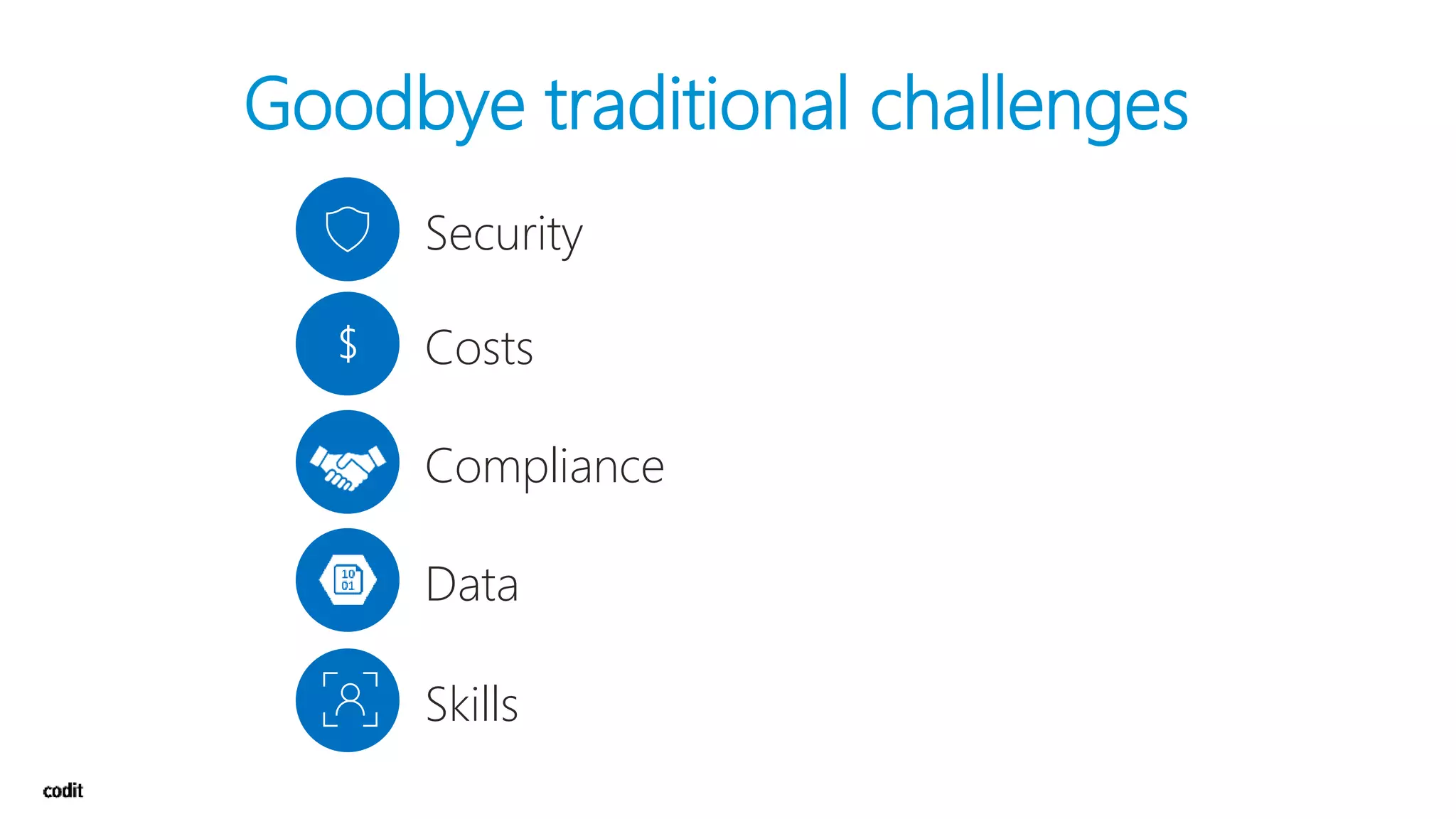 ➔ Security
Goodbye traditional challenges
➔ Costs
➔ Compliance
➔ Data
➔ Skills
 