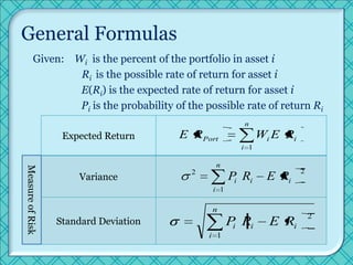 General Formulas
         Given: Wi is the percent of the portfolio in asset i
                 Ri is the possible rate of...