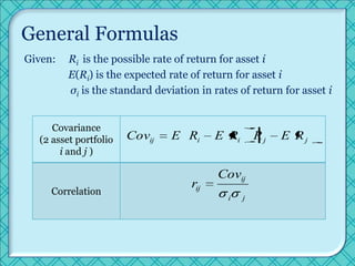 General Formulas
Given:   Ri is the possible rate of return for asset i
         E(Ri) is the expected rate of return for ...