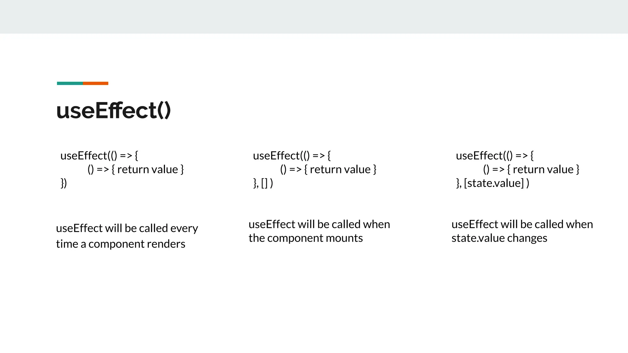 useEﬀect()
useEffect(() => {
() => { return value }
})
useEffect will be called every
time a component renders
useEffect(() => {
() => { return value }
}, [] )
useEffect will be called when
the component mounts
useEffect(() => {
() => { return value }
}, [state.value] )
useEffect will be called when
state.value changes
 