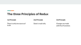 The three Principles of Redux
1st Principle
There is only one source of
truth.
2nd Principle
State is read-only.
3rd Principle
Changes are made
with Pure Functions
 