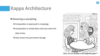 147
Kappa Architecture
Streaming	
  is	
  everything	
  
Computa@on	
  is	
  expressed	
  in	
  a	
  topology	
  
Computa@...