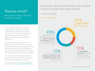 Passive what? 
Why passive talent matters for 
modern recruiting 
d To be a modern recruiter, you need to 
engage the best talent, not only those 
actively looking. The reason is that the 
vast majority of professionals are passive 
candidates; they are not actively job 
seeking, but they are open to the right 
opportunity. 
Passive candidates typically don’t visit 
job boards or career sites or have current 
resumes—they are too busy exceling at their 
current company. But, they ARE willing to 
hear from recruiters about that life-changing 
role. That makes your sourcing skills critical. 
In this section, we’ll cover need-to-know 
tricks for sourcing on LinkedIn—the world’s 
largest source of passive candidates. 
What motivates passive candidates to switch jobs? 
Check out the infographic (http://linkd.in/PeNWKa). 
Good news: Most professionals will consider 
a career change when approached. 
45% 
Say they are not 
looking for a job, but 
are open to talking 
to recruiters about 
career opportunities 
25% 
are actively looking 
for opportunities 
15% 
15% are completely 
are not looking, but are 
chatting with their close 
personal network about 
opportunities 
satisfied with their 
current role and 
don’t want to move 
Passive candidates 
Active candidates 
LinkedIn Modern Recruiter’s Guide 23 
 