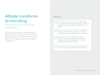 Allstate transforms 
its recruiting 
Results 
Over $300K in direct cost savings. Decreased 
time to hire and increased quality of hire. There are 
now fewer but better qualified candidates in the 
pipeline. 
New strategy, new culture, new 
relationships 
30% increase in positions filled internally. While 
the culture shift is still in progress, it is far less 
controversial when someone moves internally now. 
A larger and more qualified pool of entry-level 
talent. Another byproduct of deepened 
relationships with universities is an increase in 
student referrals by school staff. 
Recruiters’ roles have been elevated and the TA 
team is now highly consultative to the business. 
Using the search facets in LinkedIn Recruiter, 
Allstate identified the top schools from which its 
employees came. This helped inform decisions 
about where to invest resources and deepen 
engagement. 
LinkedIn Modern Recruiter’s Guide 35 
 