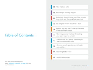 05 
06 
09 
22 
Who this book is for 
Recruiting is evolving–are you? 
Everything starts with your story: How to make 
your profile and Company Page stand out 
Sourcing for modern recruiters: 5 steps 
Beyond post and pray: The art and science 
of successful job listings 
Channel your inner marketer: Promoting 
your talent brand on LinkedIn 
36 
Table of Contents 44 
57 
58 
LinkedIn tools at a glance: A summary of 
free and premium solutions 
Common recruiting problems and how to 
address them 
59 Recruiting Hall of Fame 
60 Additional resources 
Don’t have time to read everything? 
Skip to “Summary Checklist” on page 54 for key 
recommendations. LinkedIn Modern Recruiter’s Guide 4 
 