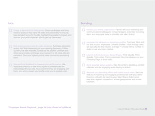 Jobs 
Create a stand-out job description. Gives candidates what they 
need to assess if they have the skills and personality for the job. 
Use standard terms for the title, highlight the position’s impact, and 
sponsor your most important jobs to get top placement. 
Post and promote to just the right audience. Purchase Job posts 
and/or Job Slots depending on your opening frequency. Follow 
up with your best matches, broadcast the post on LinkedIn and 
other social media, and target your outreach to the most relevant 
members. Give your highest priority roles a boost by sponsoring 
them. 
Branding 
Involve your entire organization. Partner with your marketing and 
communications colleagues, hiring managers, extended recruiting 
team, and employee base to promote your talent brand. 
Leverage the ad space on employee profiles. Purchase ‘Work with 
Us’ ads on your employees’ LinkedIn profiles – click-through rates 
are typically 20x the industry average.** Choose from a number of 
styles or use your own creative. 
Use real-time feedback to measure your performance. Use 
Applicant Analytics to see which types of professionals are 
interacting with your jobs, how and when they are engaging with 
them, and who’s viewed your profile once you’ve posted a job. 
Launch and enhance your Career Pages. Think visually. Think 
digitally. Think video. Think customized. Buy the ad space on your 
Company Page to drive traffic. 
Send targeted status updates. Vary the content, develop a content 
calendar, and be engaging while staying on-brand. 
Measure your branding efforts with talent brand index. See how 
well you’re reaching and engaging professionals with your talent 
brand on LinkedIn by tracking your Talent Brand Index score 
over time, against competitors, across geographies and across 
functions. 
**Employer Brand Playbook, page 34 (http://linkd.in/1pF6kca) LinkedIn Modern Recruiter’s Guide 55 
 