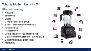 26
What is Modern Learning?
Blended Learning
• Reading
• eLearning
• Video
• Cohort discussion group
• Social / collaborat...