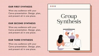 Group
Synthesis
Wow any audience with your
Canva presentation. Design, plan,
and present all in one place.
Wow any audience with your
Canva presentation. Design, plan,
and present all in one place.
Wow any audience with your
Canva presentation. Design, plan,
and present all in one place.
OUR FIRST SYNTHESIS
OUR SECOND SYNTHESIS
OUR THIRD SYNTHESIS
 