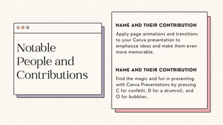Notable
People and
Contributions
Apply page animations and transitions
to your Canva presentation to
emphasize ideas and make them even
more memorable.
Find the magic and fun in presenting
with Canva Presentations by pressing
C for confetti, D for a drumroll, and
O for bubbles.
NAME AND THEIR CONTRIBUTION
NAME AND THEIR CONTRIBUTION
 