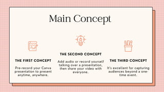 Main Concept
Pre-record your Canva
presentation to present
anytime, anywhere.
THE FIRST CONCEPT
It’s excellent for capturing
audiences beyond a one-
time event.
THE THIRD CONCEPT
Add audio or record yourself
talking over a presentation,
then share your video with
everyone.
THE SECOND CONCEPT
 