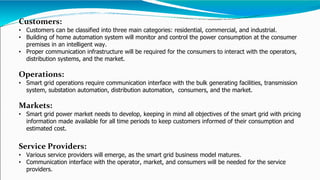 Customers:
• Customers can be classified into three main categories: residential, commercial, and industrial.
• Building of home automation system will monitor and control the power consumption at the consumer
premises in an intelligent way.
• Proper communication infrastructure will be required for the consumers to interact with the operators,
distribution systems, and the market.
Operations:
• Smart grid operations require communication interface with the bulk generating facilities, transmission
system, substation automation, distribution automation, consumers, and the market.
Markets:
• Smart grid power market needs to develop, keeping in mind all objectives of the smart grid with pricing
information made available for all time periods to keep customers informed of their consumption and
estimated cost.
Service Providers:
• Various service providers will emerge, as the smart grid business model matures.
• Communication interface with the operator, market, and consumers will be needed for the service
providers.
 