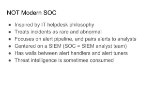 NOT Modern SOC
● Inspired by IT helpdesk philosophy
● Treats incidents as rare and abnormal
● Focuses on alert pipeline, and pairs alerts to analysts
● Centered on a SIEM (SOC = SIEM analyst team)
● Has walls between alert handlers and alert tuners
● Threat intelligence is sometimes consumed
 