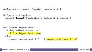 Daniel IrvineModern software craftsmanship
def format(ingredient)
if ingredient.amount = 1
'1 ' + ingredient.name
else
ingredient.amount + ' ' + ingredient.name + 's'
twoApples = { name: 'apple', amount: 2 }
it 'prints 2 apples'
expect(format(twoApples)).toEqual('2 apples')
 