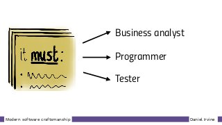 Daniel IrvineModern software craftsmanship
Business analyst
Tester
Programmer
 