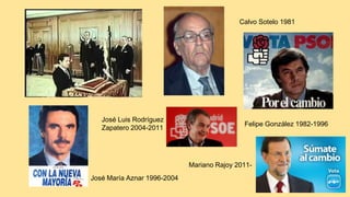Calvo Sotelo 1981
Felipe González 1982-1996
José María Aznar 1996-2004
José Luis Rodríguez
Zapatero 2004-2011
Mariano Rajoy 2011-
 