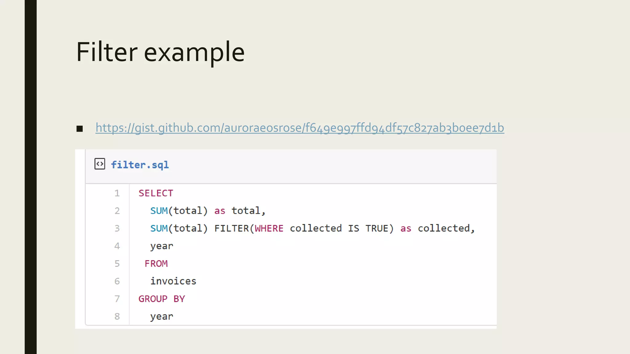 Filter example
■ https://gist.github.com/auroraeosrose/f649e997ffd94df57c827ab3b0ee7d1b
 