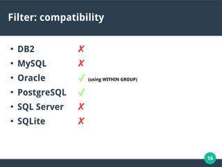 16
Filter: compatibility
●
DB2 ✘
●
MySQL ✘
●
Oracle ✔ (using WITHIN GROUP)
●
PostgreSQL ✔
●
SQL Server ✘
●
SQLite ✘
 