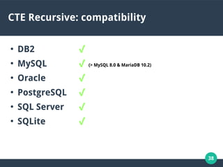 38
CTE Recursive: compatibility
●
DB2 ✔
●
MySQL ✔ (> MySQL 8.0 & MariaDB 10.2)
●
Oracle ✔
●
PostgreSQL ✔
●
SQL Server ✔
●
SQLite ✔
 